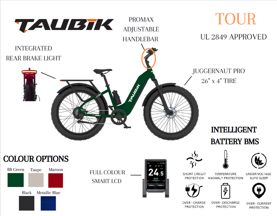 2024 Taubik Tour Ebike UL 2849 Approved Electric Bicycle Step Thru Fat Tire