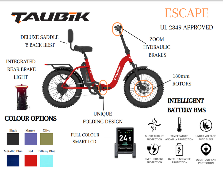 2024 Taubik Escape Ebike Electric Bicycle Foldable Style 20" Fat Tires UL 2849