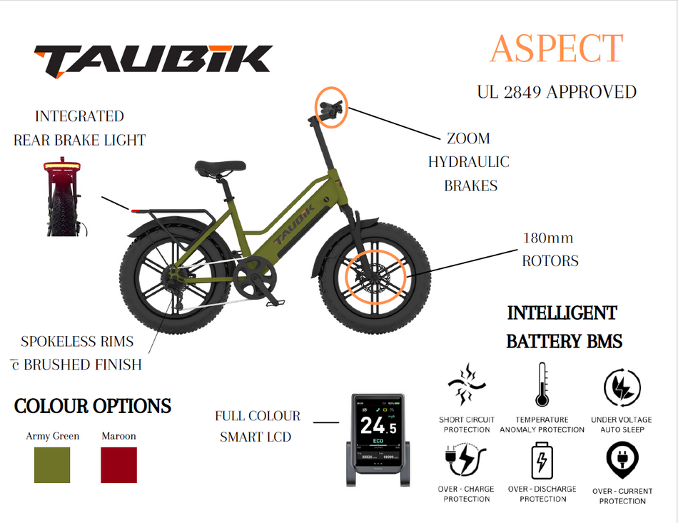 2024 Taubik ASPECT Ebike Electric Bicycle Style 20" Fat Tires UL 2849