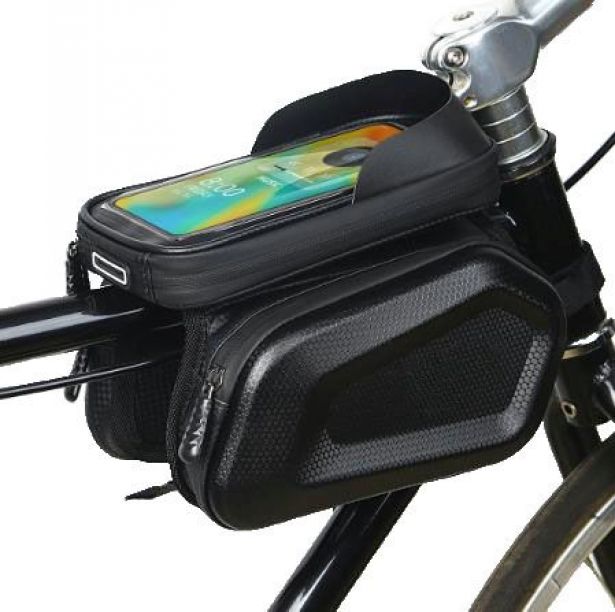 Top Tube Saddle Bag - Ebike / Bicycle Front Frame Saddle Bag & Waterproof Touchscreen Cell Phone Holder with Sunshand, Universal Mount, Black, 7.5x x 4.5in (19 x 11.5cm)